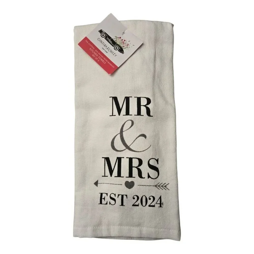 Cynthia Rowley Set Of 3 Kitchen Towels White/Grey Mr. & Mrs. Est 2024